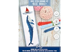 'Blue Whale' - Embroidery Set for DIY Bookmark - Counted Cross Stitch Kit with Paper Pattern, 16 Count Aida Canvas and Pre-So