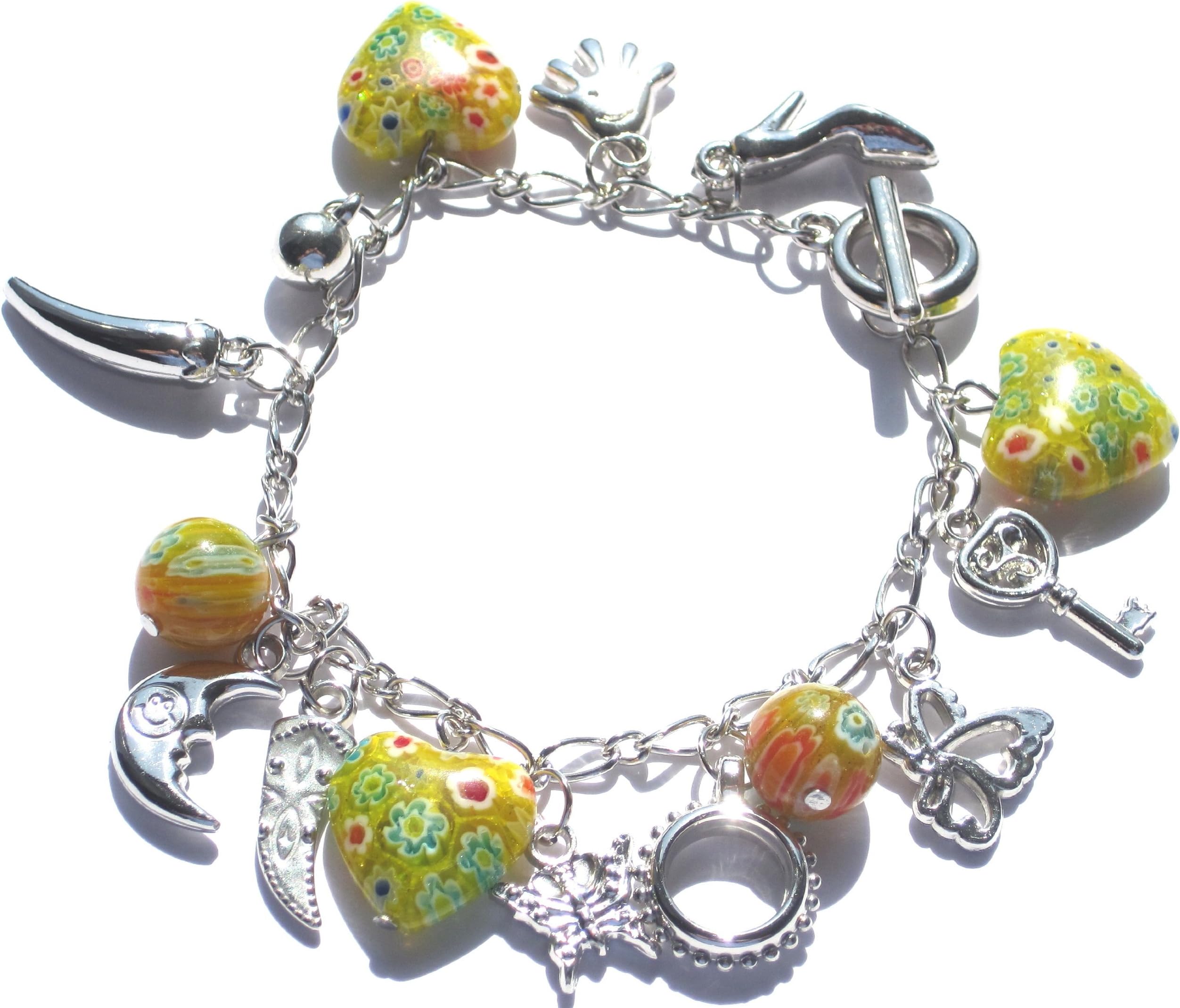 Millefiori Orange & Yellow Glass Heart Glass Bead Charm Bracelet
