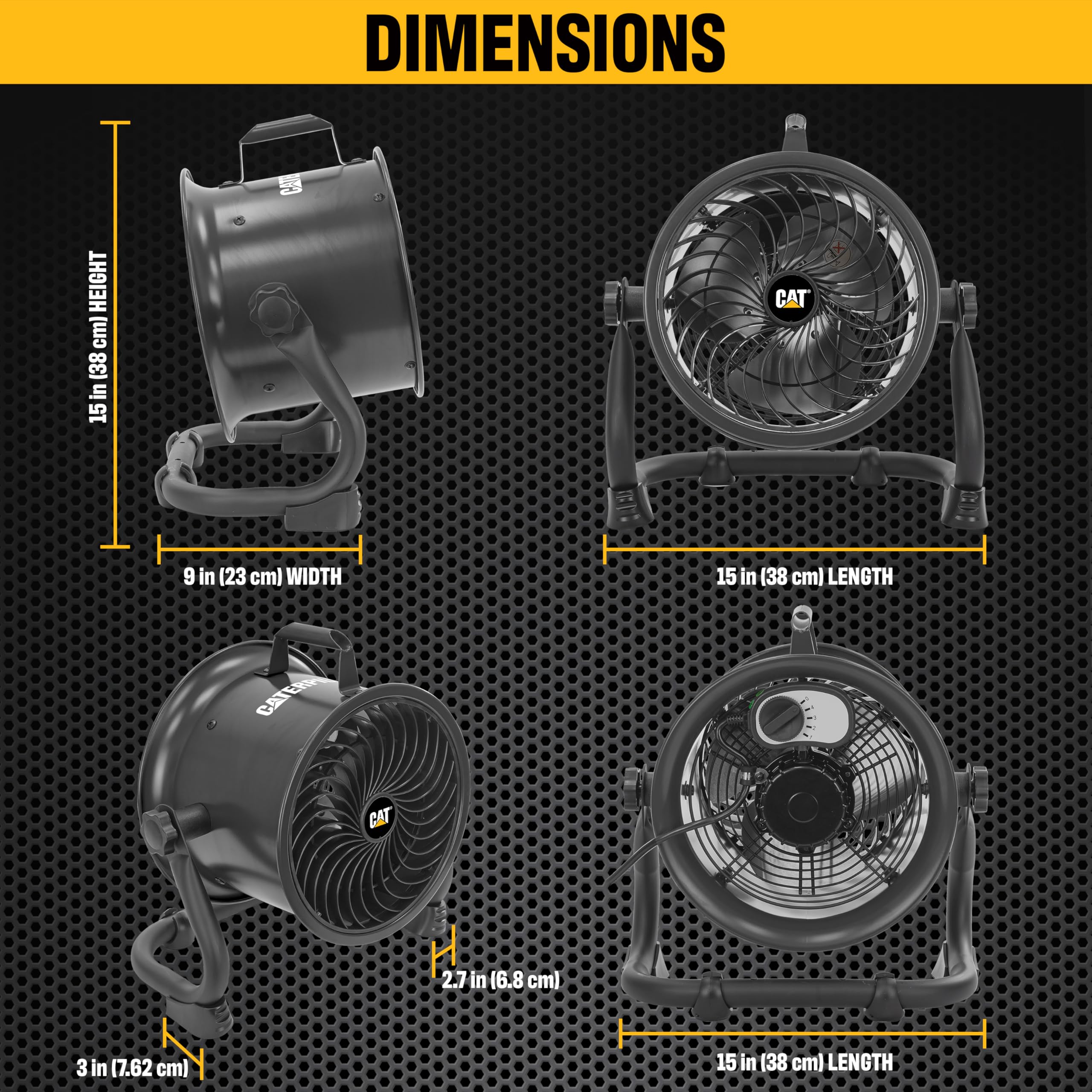 CATERPILLAR 9 Inch 940CFM 4-Speed High-velocity Industrial Drum Air Circulator Fan with 360-degree Pivoting Head and Dual Ball Bearing Motor, Black