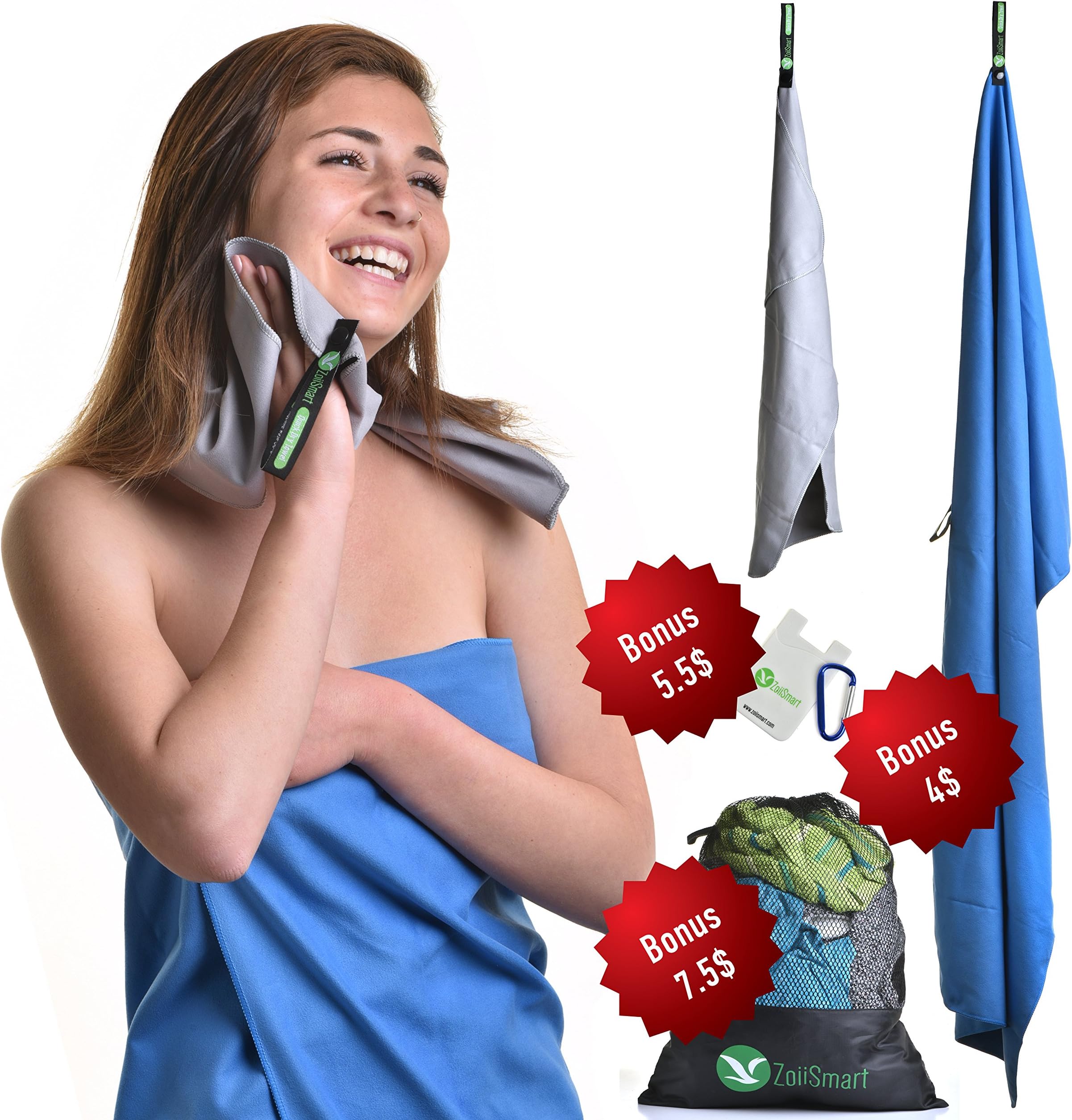 Quick Dry 2 Travel Towel Set Light Super Absorbent Fast Drying Microfiber Towels Outdoor Camping Yoga Sports Hand&Face Backpack Laundry Mesh Bag-Karabiner Buckle+Stick Card Wallet