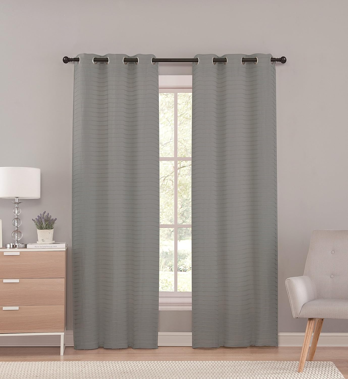 VCNY Sheer Grommet Window Curtain Panel Pair with Pleated Stripe Design, 76in X 96in (Gray)