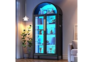 HWB Display Curio Cabinet with Glass Doors, Arched Bookcase 5-Tier Tall Storage Cabinet for Collectibles, Display Case with 3 Color Lights, Human Sensor Design, Black