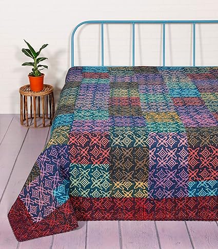 HANDICRAFT-PALACE Patchwork Quilt Bedspread Double Size Gudari Bed Cover Block Printed Cotton Kantha Quilts (Multicolor)