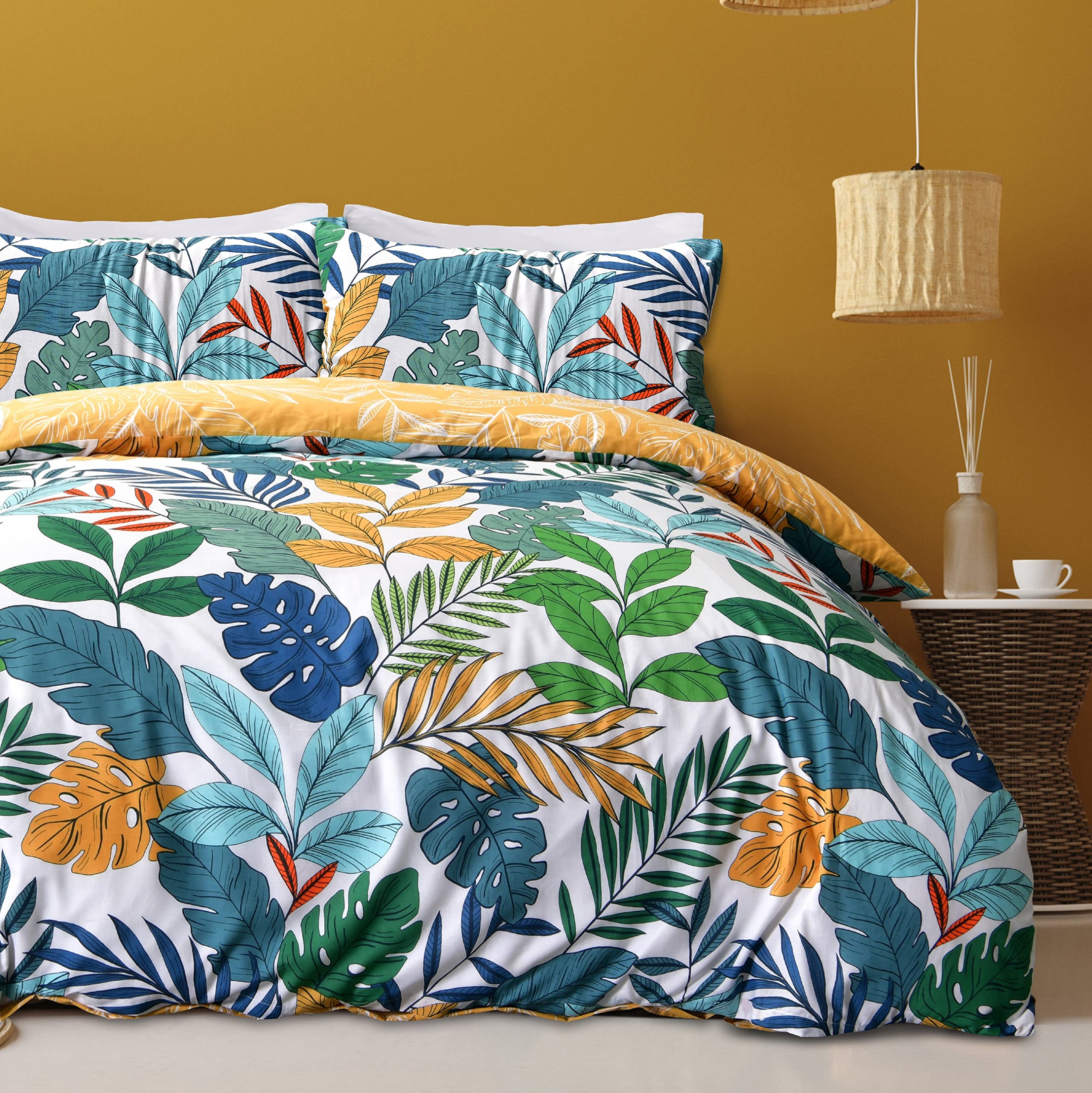 Sleepdown Tropical Palm Tree Floral Multi Brights Ochre Reversible Soft Easy Care Duvet Cover Quilt Bedding Set with Pillowcases - Double (200cm x 200cm)