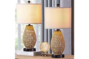 CINSARY Touch Control Rattan Table Lamps, 3 Way Dimmable Bedside Lamps for Bedroom Set of 2 with 2 USB Ports and AC Outlet, W
