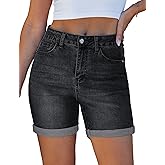 luvamia Jean Shorts for Women High Waisted Trendy Mid Thigh Long Cuffed Hem Stretchy Denim Shorts Casual Summer Jorts