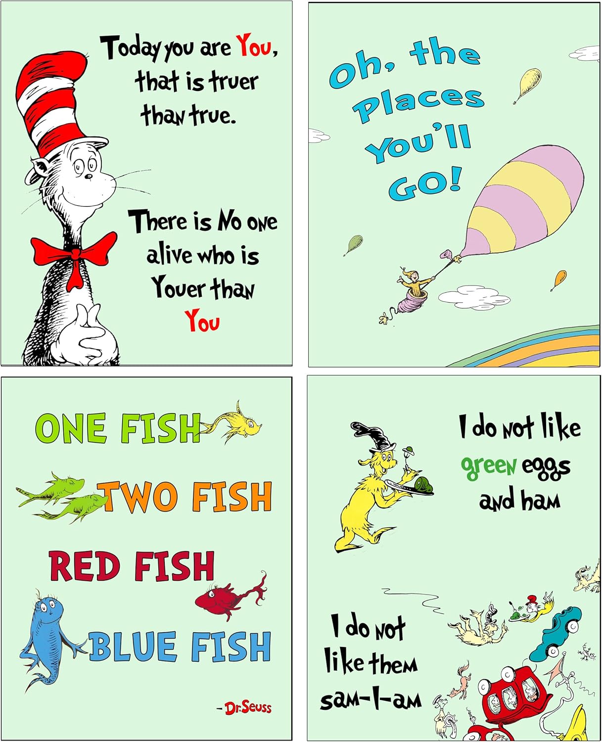 Dr Seuss 4 pack ART Prints - Kids Baby Room Decor (Green)