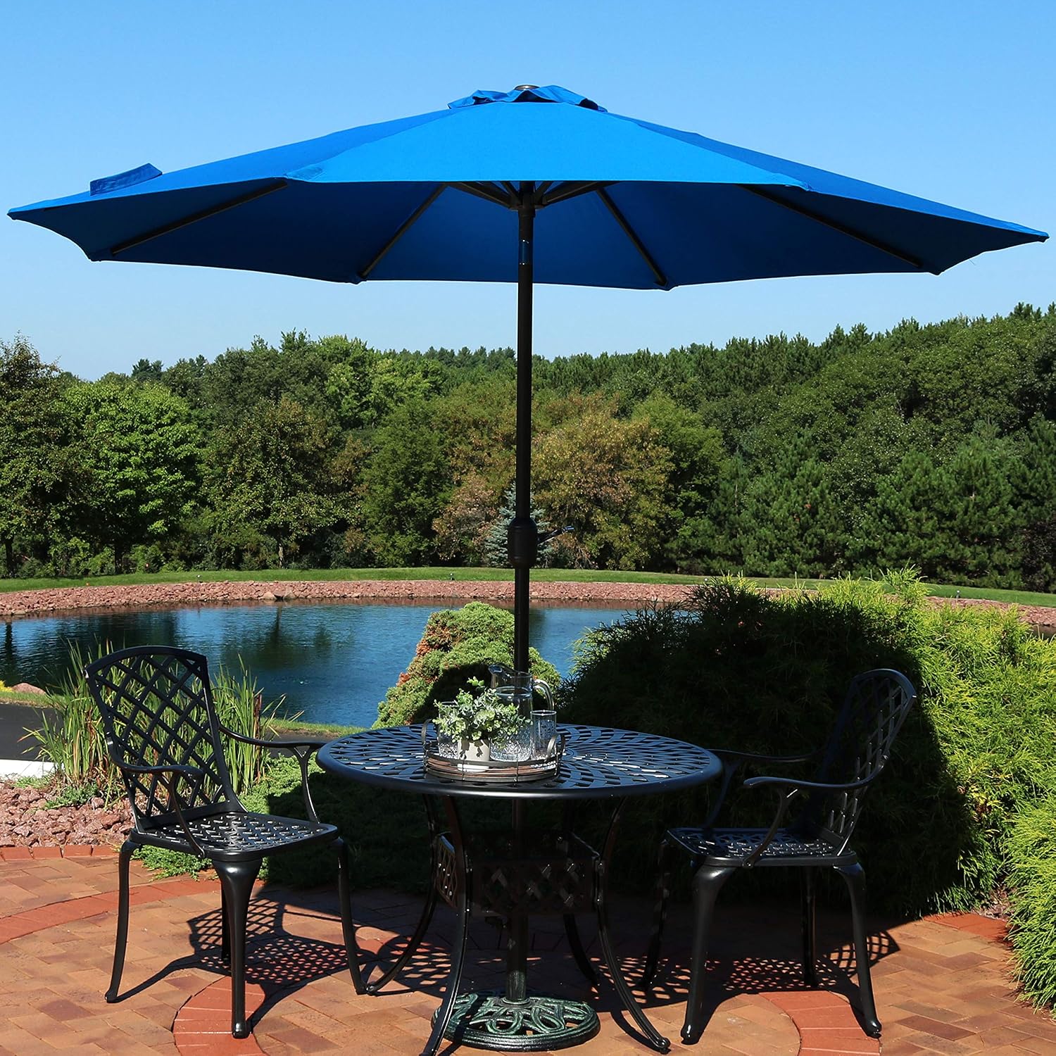Amazon Com Sunnydaze Sunbrella Patio Umbrella With Auto Tilt And Crank 9 Foot Outdoor Market Umbrella Rust Resistant Aluminum Pacific Blue Garden Outdoor