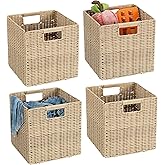 TAIMEI&G02 10.5 x 10.5 in Plastic Wicker Baskets for Cube Storage, Collapsible Square Wicker Storage Basket Set of 4, Rattan Storage Cube, Square Baskets for Shelves - Beige