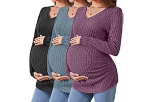 Ficerd 3 Pack Women's Maternity Shirts Ribbed Long Sleeve Pregnancy Tops V Neck Knit Side Ruched Pregnant Clothes Sweater