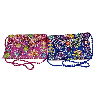 Trendy Crafts Cotton Handmade Embroidery Rajasthani Gujarati Sling/Clutch Bag Pink-Blue Set of 2 For Women