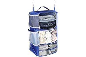 ELEZAY Hanging Packing Cubes Portable Closet 3-Shelf Travel Collapsible Compression Garment Organizer for Carry-on Luggage Suitcase Space Saver Bag X-Large_12*10 * 24 in, Blue