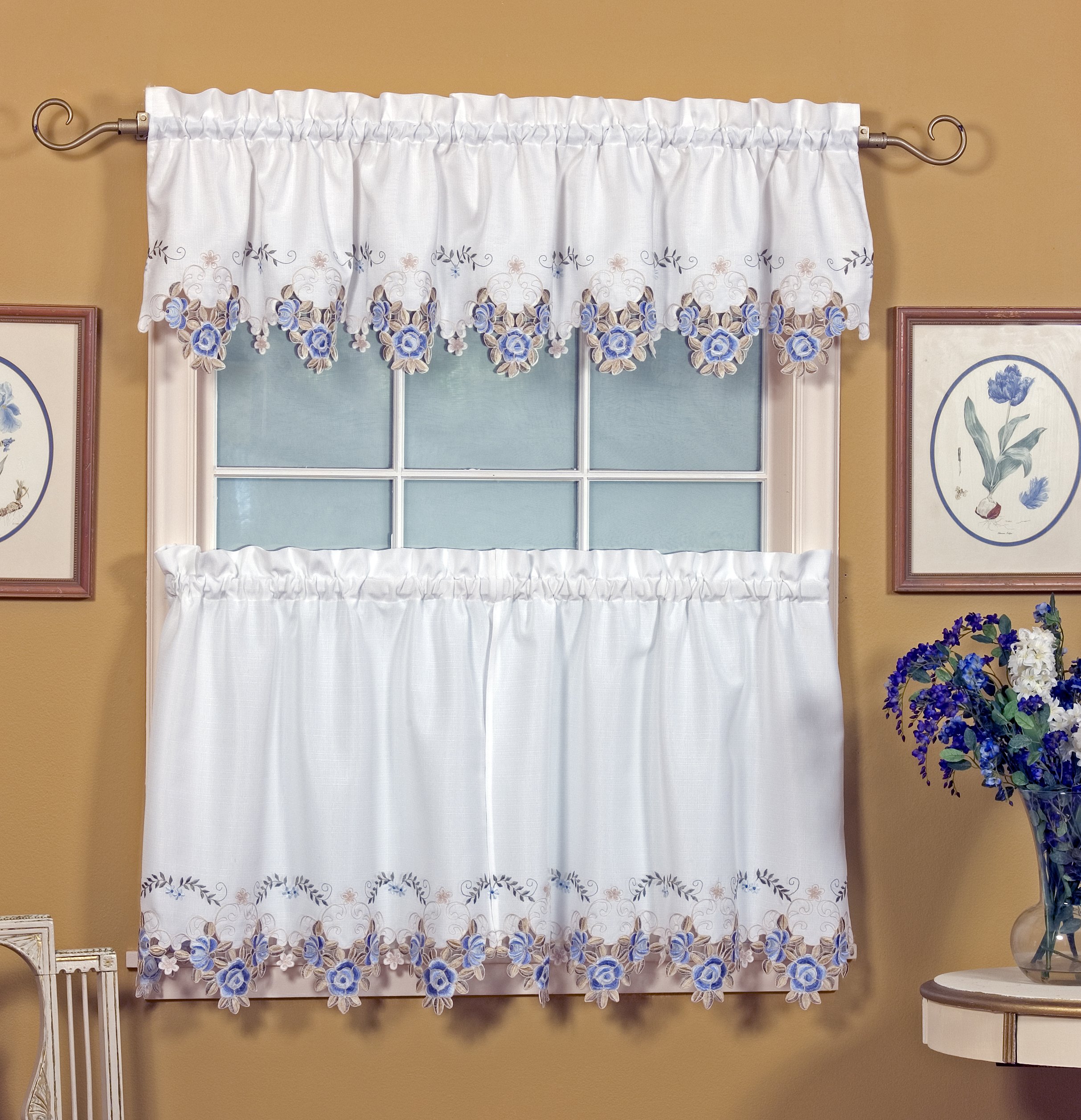 Today's Curtain Tier Pair, Polyester, White/Blue, 60" W x 36" L (Pack of 1)