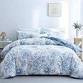 BOLINLIVING Floral Queen Comforter Set 3 Pieces, Soft Breathable Bed in a Bag Queen Size, Blue and White Floral Bedding Set for All Season, 1 Comforter & 2 Pillowcases