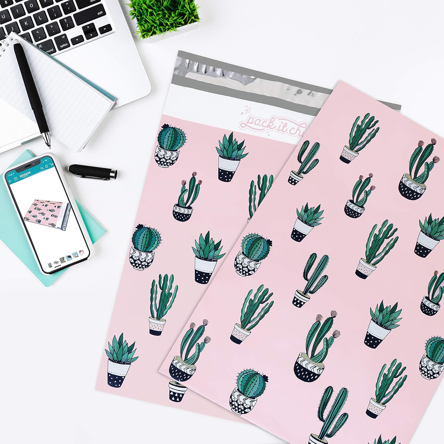Pack It Chic - 10X13 (100 Pack) Cactus & Succulents Poly Mailer Envelope Plastic Custom Mailing & Shipping Bags - Self Seal (More Designs Available) : Office Products