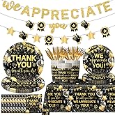 Appreciation Decorations,Black and Gold Thank You Plates And Napkins 142pcs Thank You For All You Do Party Plates Napkin Cups Tablecloth For We Appreciate You Party Supplies