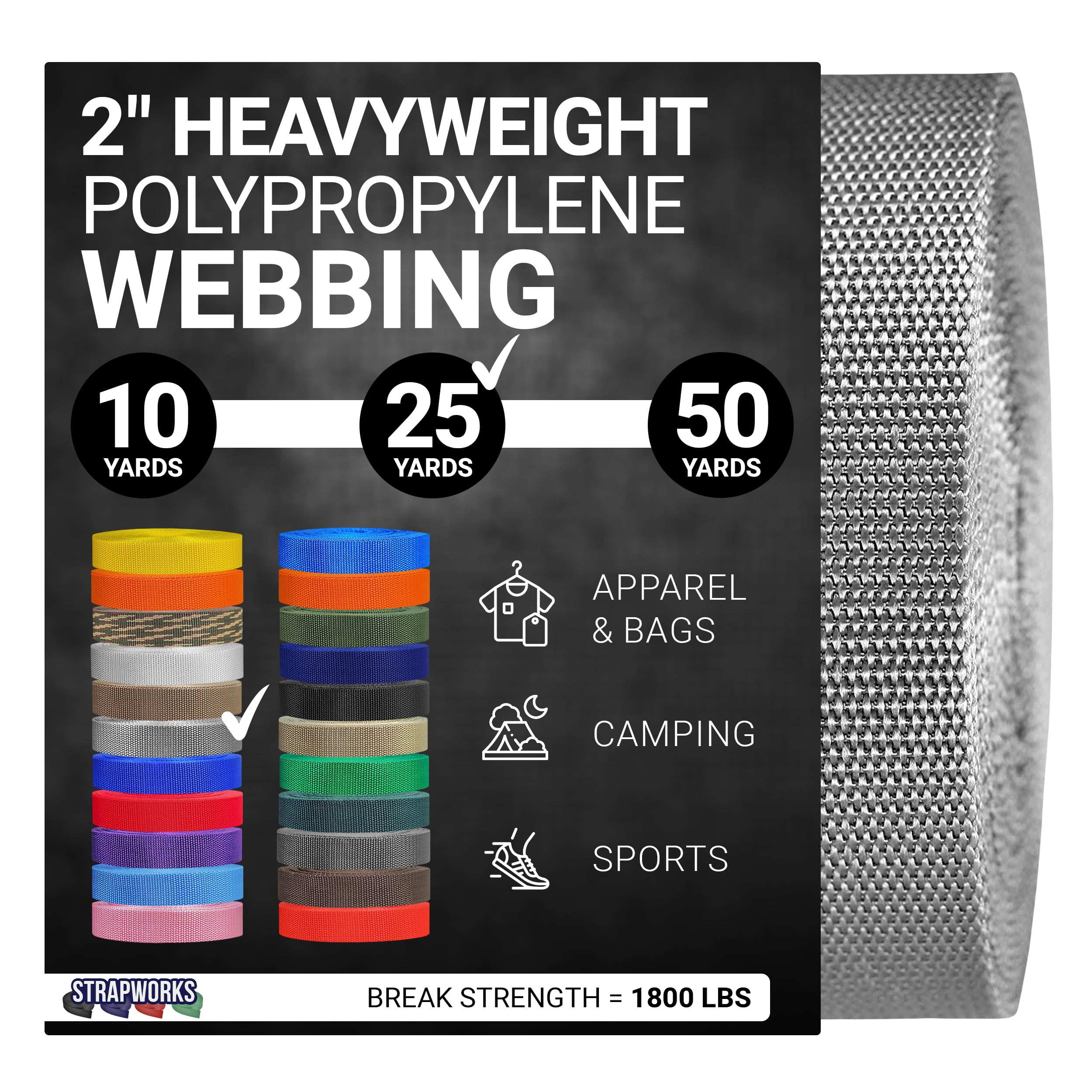 Strapworks Heavyweight Polypropylene Webbing - Heavy Duty Poly Strapping for Outdoor DIY Gear Repair, 2 Inch x 25 Yards - Silver Gray