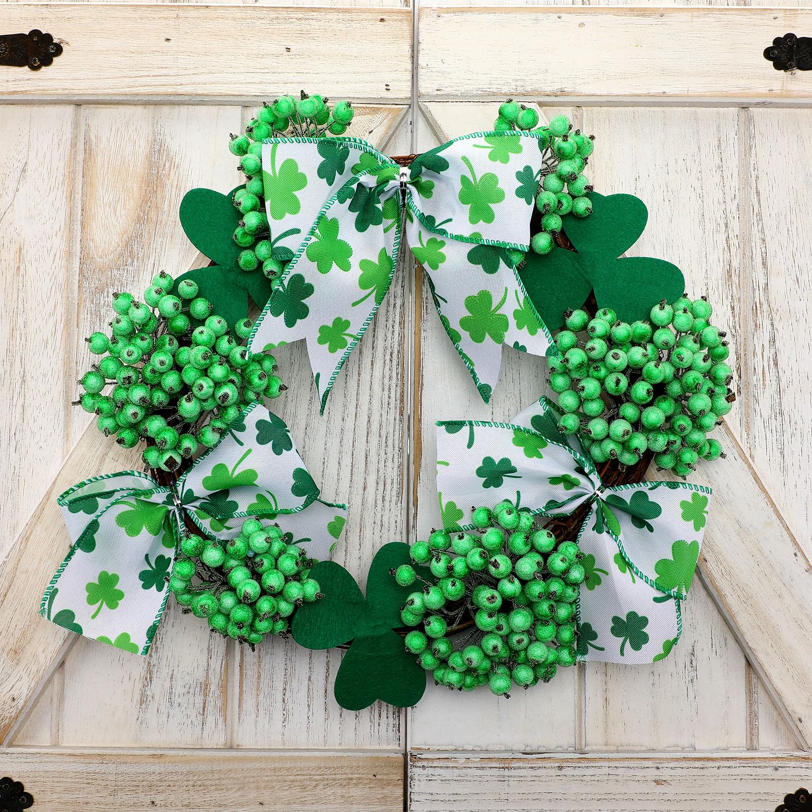 Drydiet St. Patrick's Day Decoration Set Include Non Slip Welcome Clover Imitation Coir Doormat Irish Green Shamrock Wreath with Bow for Spring Outdoor Front Door Entrance Home Wall Window Porch Decor - Image 6
