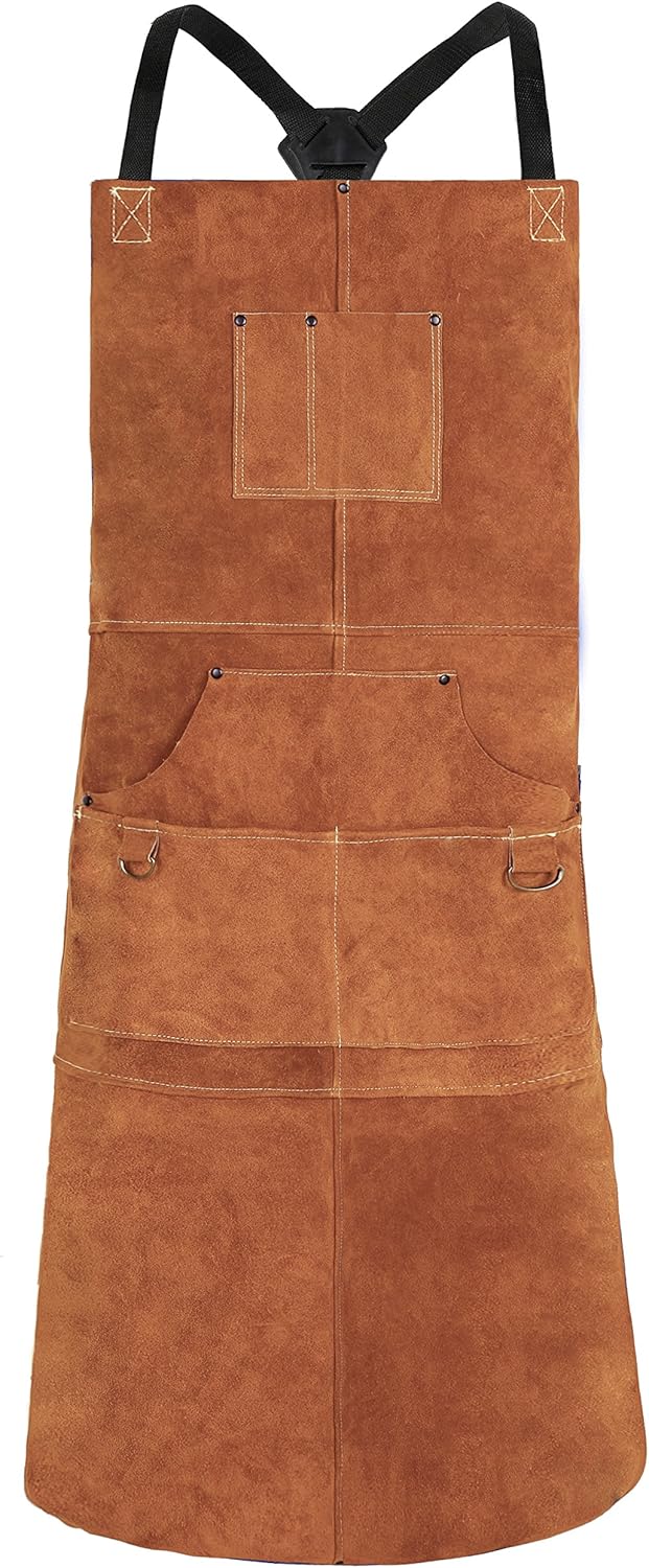 Leather Welding Apron by LeaSeek - Heavy Duty Tools Shop Apron with 6 Pockets, 24inch X 42inch Extra Long, Brown(Size: M to XXL)
