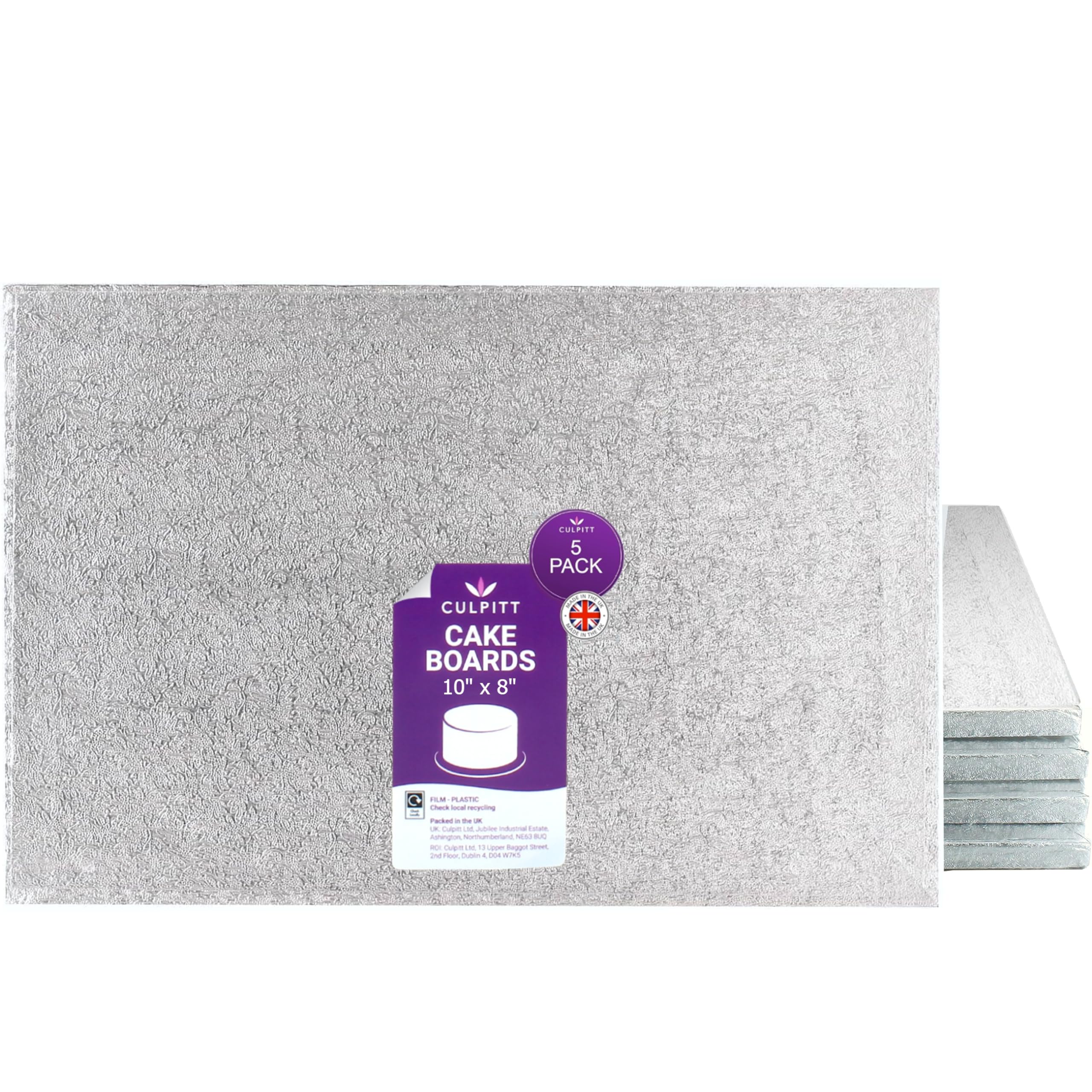Culpitt 10" x 8" Cake Board | 5 Pack | Oblong Cake Drum, Rectangular, 0.5 Inch (13mm) Thick, Pack of 5 Boards For Tray Bakes, Cakes, And Cupcake Displays | Silver - Pack of 5
