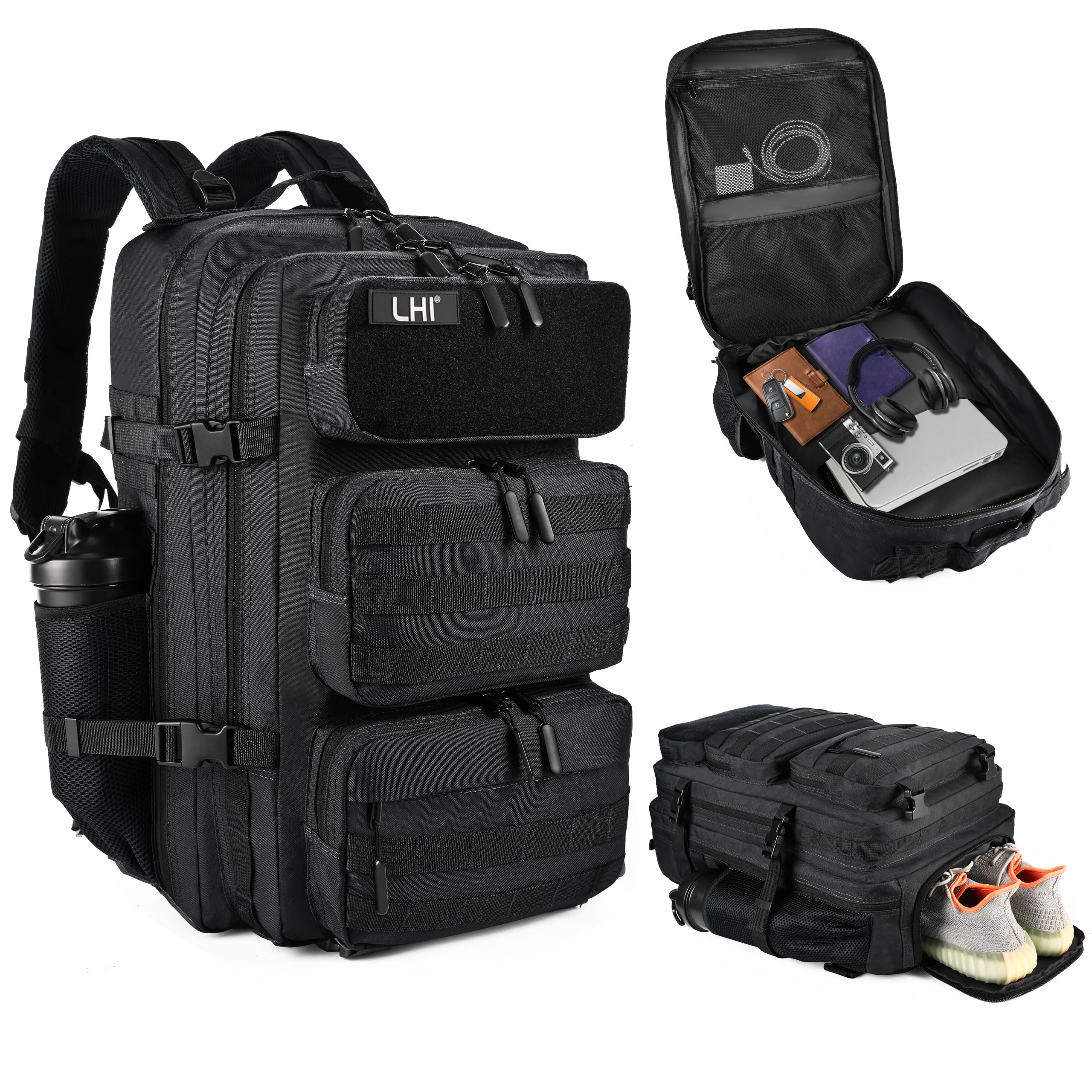 LHI Military Tactical Backpack for Men and Women 50L Army 3 Days Assault Pack Bag Large Rucksack with Shoe Compartment - Black Image