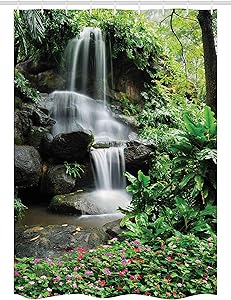 Ambesonne Waterfall Stall Shower Curtain, Waterfall Pond Flowers Tropical Plants Majestic Fresh Jungle Garden, Fabric Bathroom Decor Set with Hooks, 54