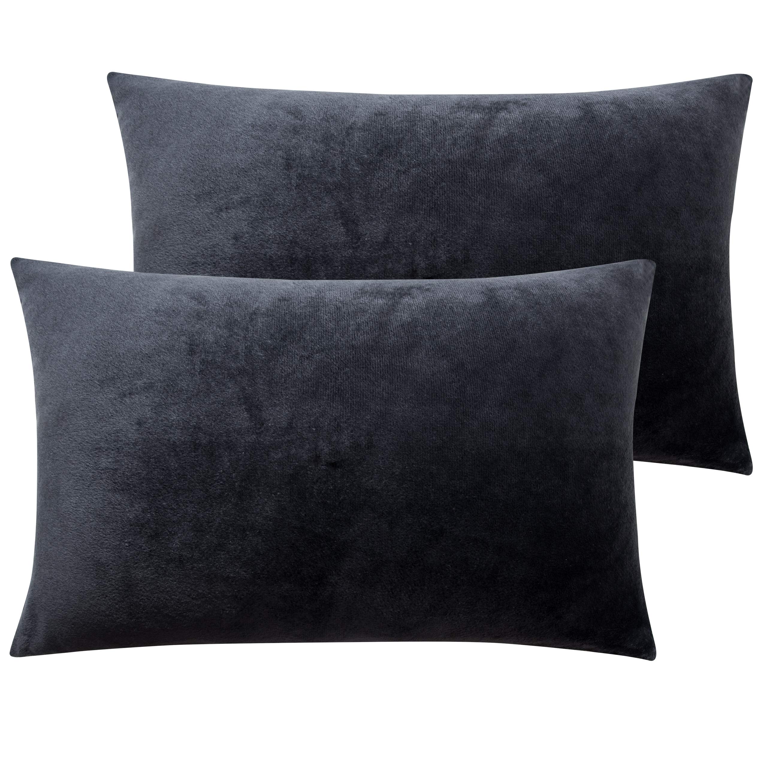 NTBAY 2 Pack Zippered Velvet Standard Pillowcases, Super Soft and Cozy Luxury Fuzzy Flannel Pillow Cases with Zipper, 50x75 cm, Charcoal Grey