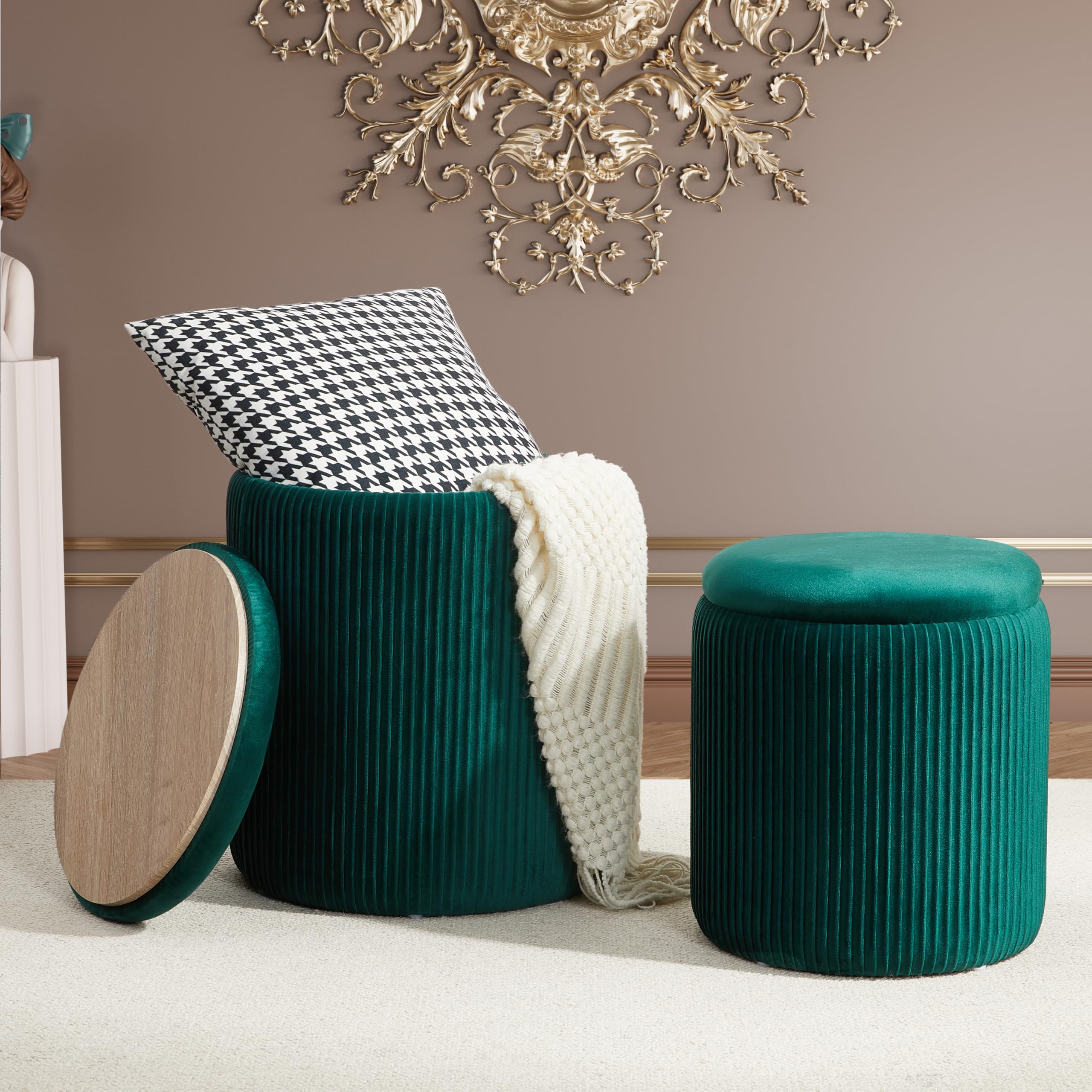 Photo 1 of Royal Windsor Round Ottoman with Storage Set of 2,Vanity Stool with Storage for Bedroom, Ottoman Coffee Table, Small Velvet Foot Stool for Living Room, Green