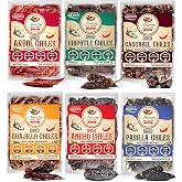 Dried Chile Peppers 6 Pack Ancho Guajillo Pasilla Arbol Chipotle Cascabel | 24oz total whole Mexican chili variety for mole, birria, salsa &amp; stews. All natural, no additives. Resealable bags.