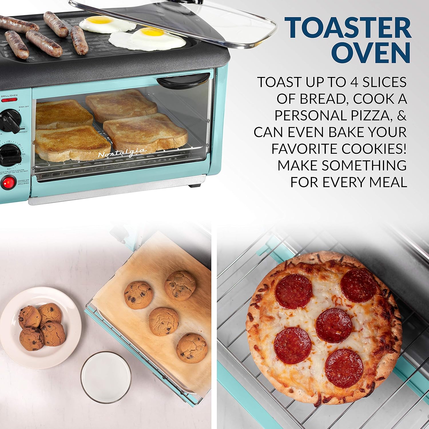 Nostalgia Retro 3-in-1 Family Size Electric Breakfast Station, Coffeemaker, Griddle, Toaster Oven, Aqua: Kitchen & Dining