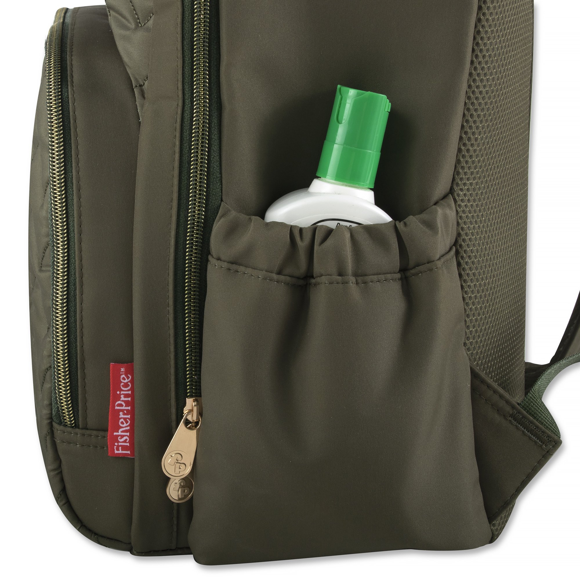 Baby Essentials Fisher-Price Signature Morgan Quilted Backpack Diaper Bag with Changing Pad, Stroller Clips, Laptop Compartment (Olive)