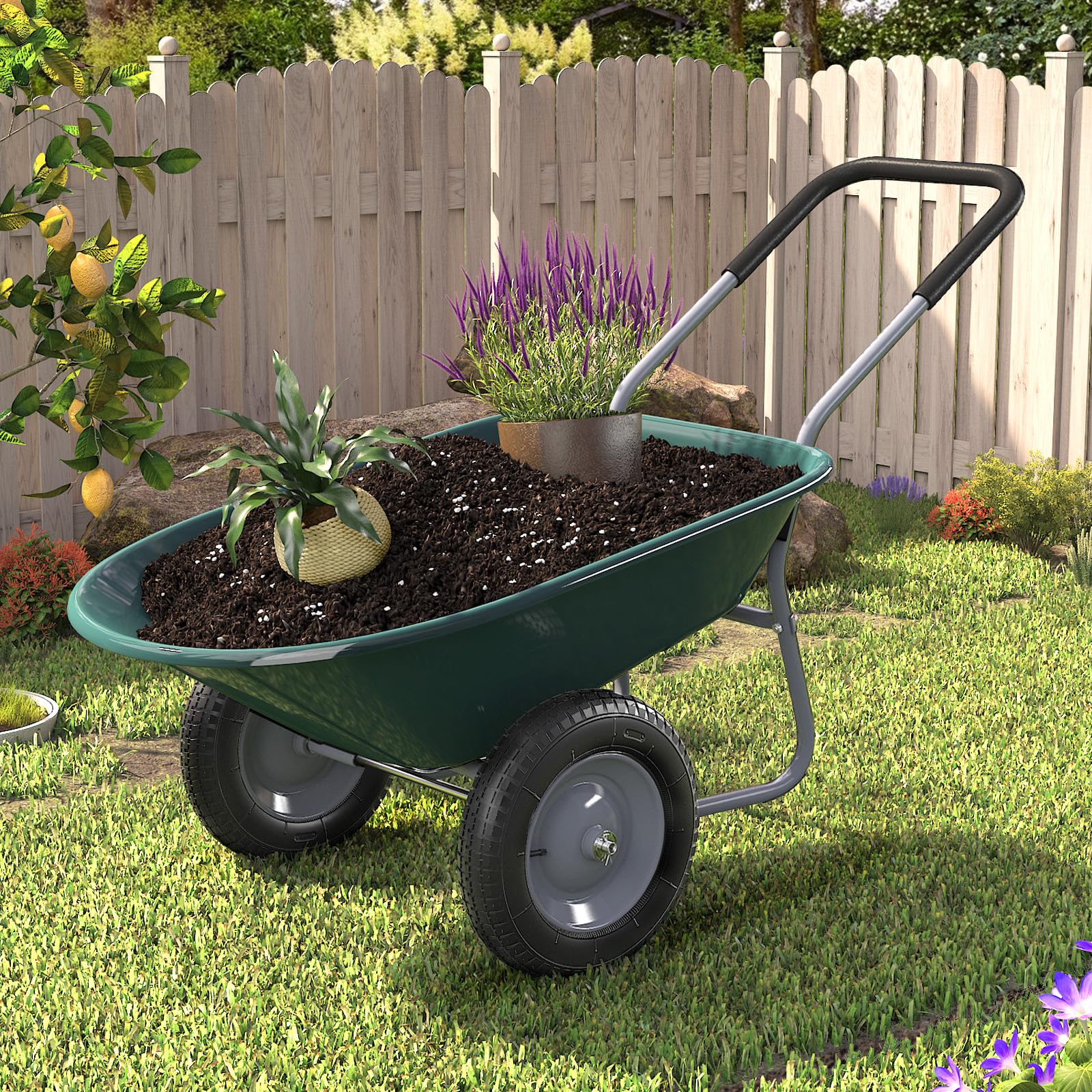 Photo 1 of ARNOT Enlarged Dual-Wheel Wheelbarrow, Easy Loading and Dumping Garden Cart, Heavy Duty Utility Dump Cart for Lawn, Yard, Farm, Gardening & Planting, Green