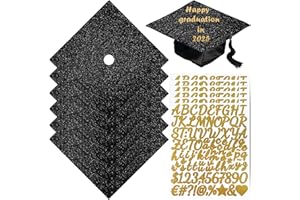 LUFEEMGA 2025 6 Pcs Black Glitter Cardstock Graduation Cap DIY Decoration Paper Kit, Construction Paper Topper & Alphabet Adhesive Stickers with 50 Adhesive Dots