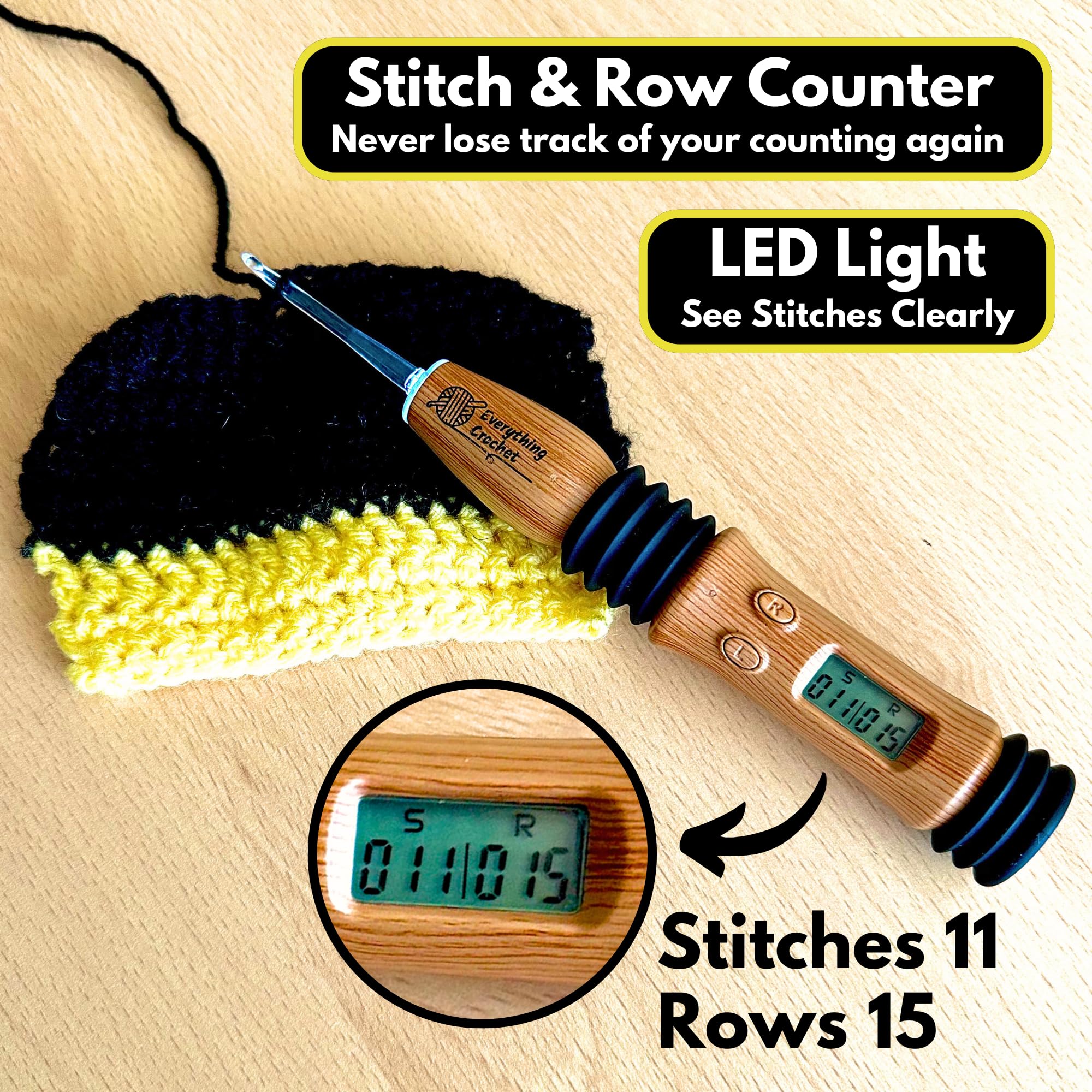 Everything Crochet Vintage Counting Crochet Hook Set with Light & Counter - Ergonomic for Arthritic Hands - Light up, Digital Stitch & Row Counter - 17 Size Interchangeable Hooks Kit - Cool Gift