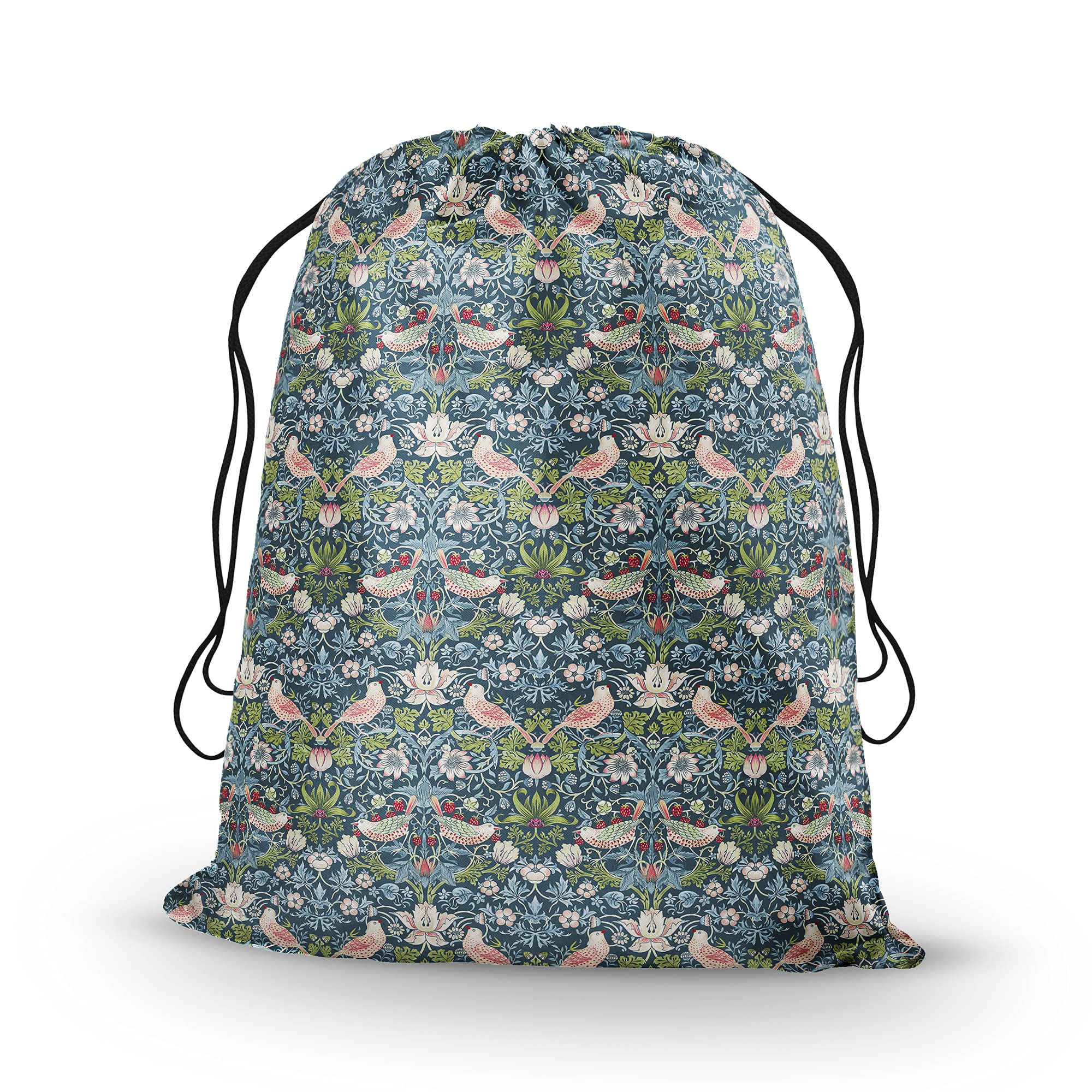 Obal William Morris Laundry Bag Foldable Designer Storage Bags With Drawstring Heavy Duty Clothes Washing Bags For Home Dorm Travel, Extra Large Strawberry Thief Green 30" x 35"