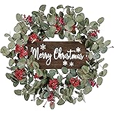 Sggvecsy 18 Inch Artificial Christmas Wreath for Front Door Xmas Red Berry Wreath Winter Glitter Eucalyptus Wreath Christmas Hanging Decorations for Wall Home Window Holiday OutdoorDecor