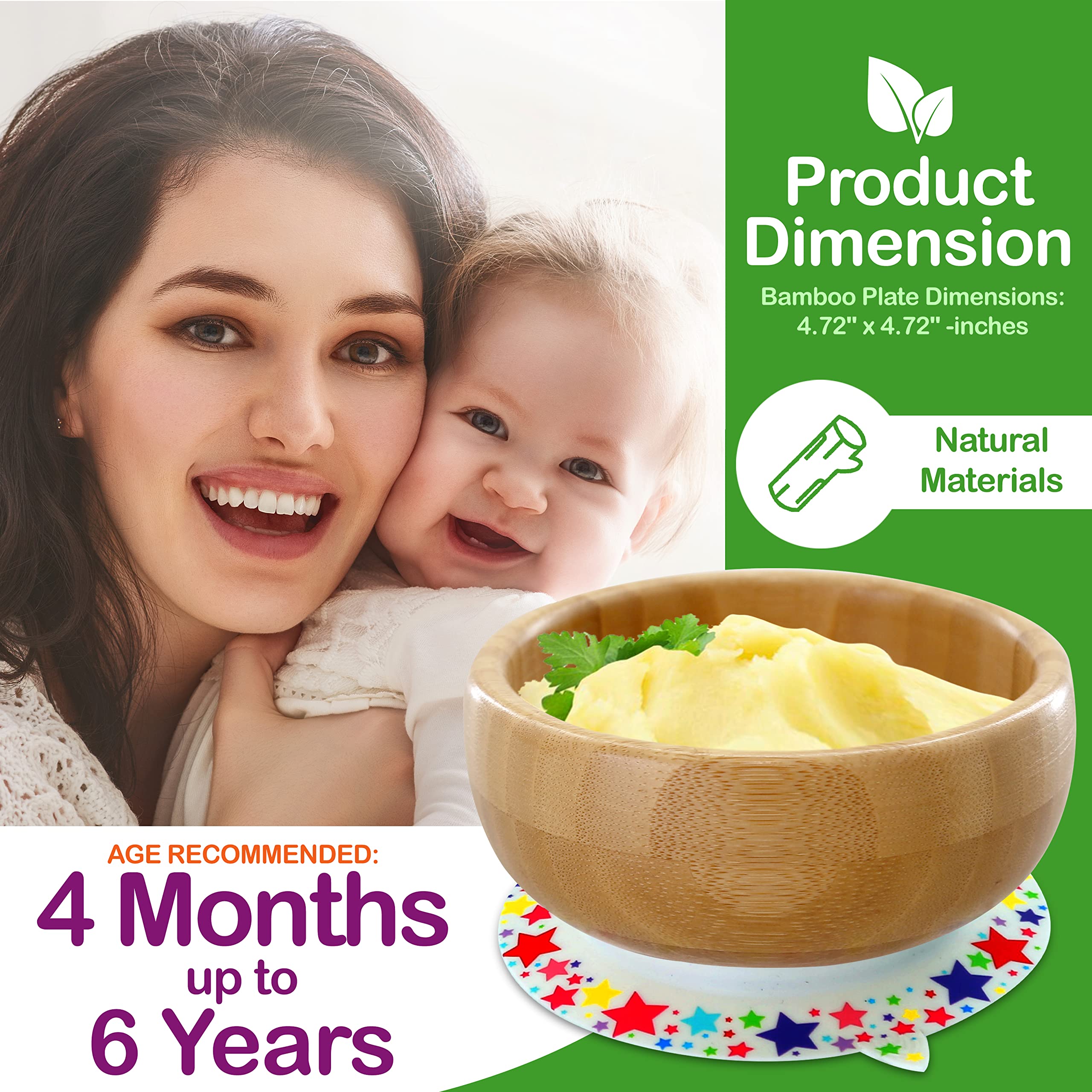 NutriChef Bamboo Baby Feeding Bowl - Wooden Infant Toddler Dish and Spoon Set w/Silicone Suction Base for Stay Put Eating, For Children Aged 4-72 Months (Star Bowl)