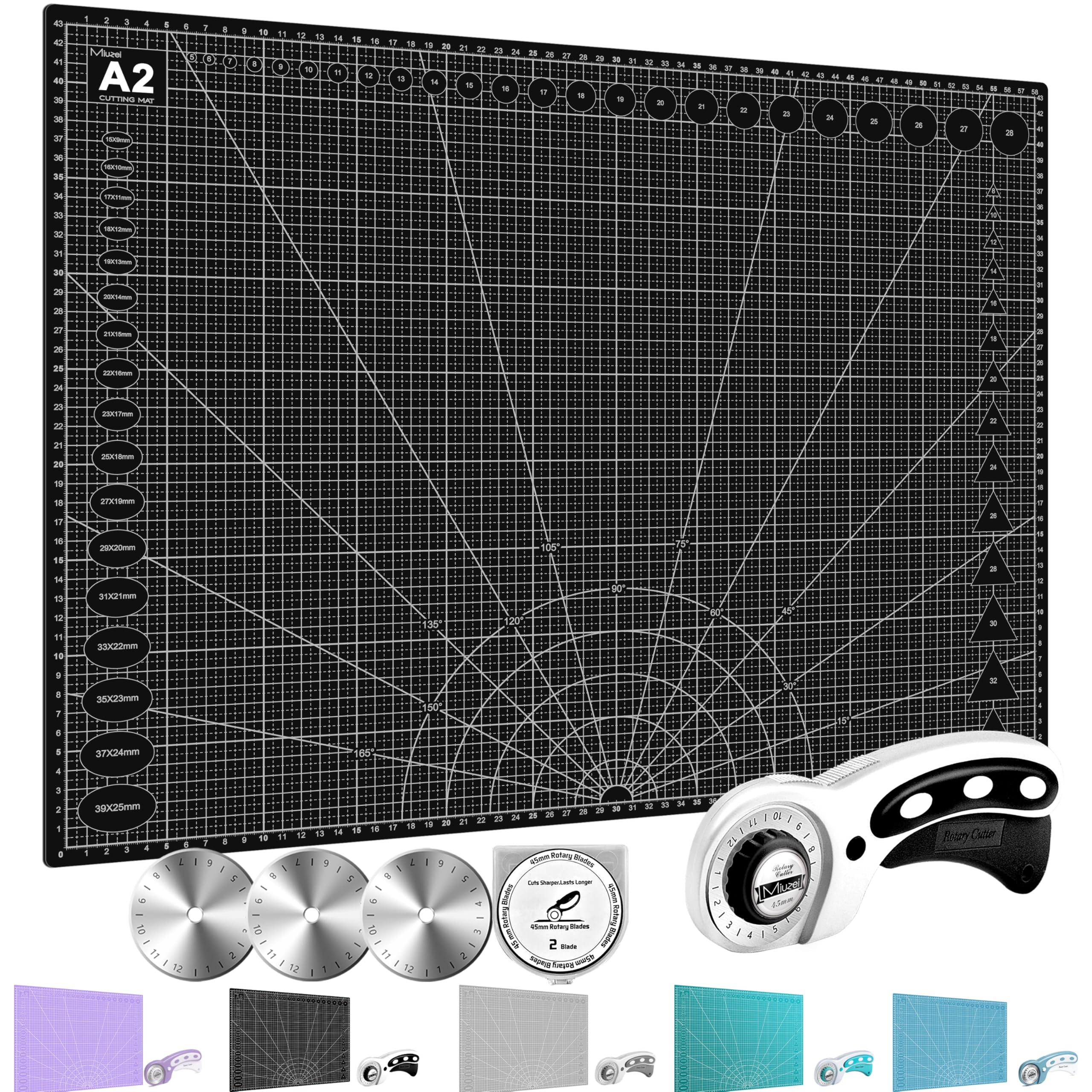 Miuzei Rotary Cutter Set: A2 Cutting Mat, 45mm Fabric Cutter, Self-Healing Craft Mat, Quilting Kit, Suitable for Cutting Fabric, Sewing, Leather and Paper Black