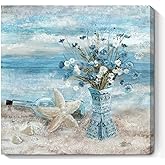 Bathroom Decor Wall Art Blue Beach Picture Ocean Theme Flower Canvas Print Modern Coastal Seascape Painting Framed Seaside Artwork Floral Daisy in Indian Vase for Home Sea Lake Bedroom 14x14inch