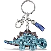 Aqua79 Dinosaur Stegosaurus Keychain - Blue Sparkling Rhinestones Charm with Tassel, Fashionable Stylish Polyester PU Key Ring Bling Jewelry Accessory with Clasp For Key Chain, Bag, Purse and Backpack