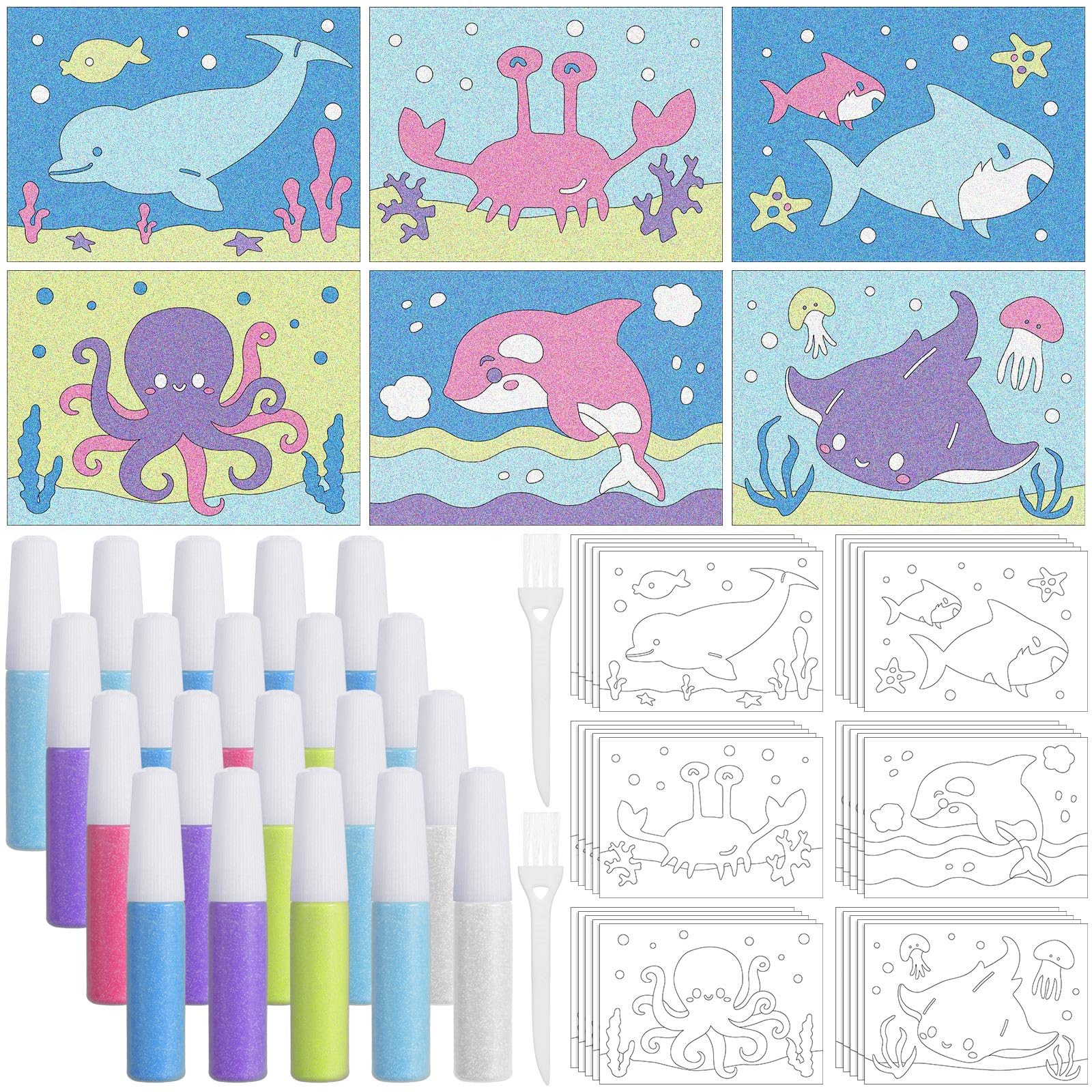 Photo 1 of VercanMonth 30 Sets Ocean Animal Sand Art Kits for Kids DIY Craft Sand Painting Colored Art Painting Cards Set for Children DIY Arts Ocean Theme Educational and Learning Activities