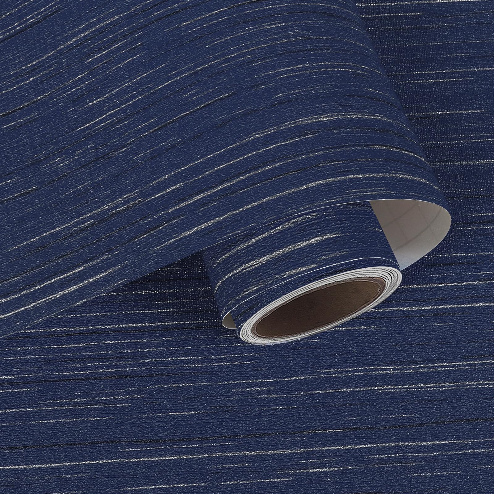 VaryPaper Navy Blue Silver Faux Grasscloth Peel and Stick Wallpaper 40cmx200cm Textured Fabric Contact Paper Sticky Back Plastic Blue Linen Wallpaper for Living Room Bedroom Cabinets Furniture Wrap