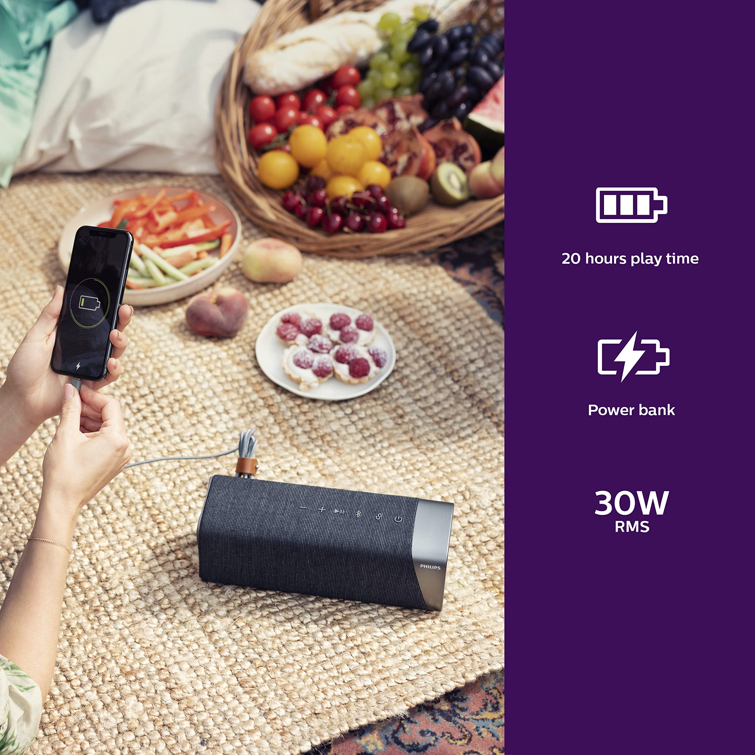 Philips S7505 Wireless Bluetooth Speaker with Built-in Power-Bank, Large Bold Sound, Up to 20 Hours Playtime, IPX7 Waterproof, Shower Ready, Large Size, Gray