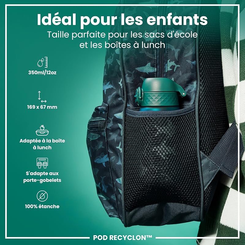Gourde Enfant, 350 ml, Anti-Fuite, Facile à Ouvrir, Verrouillage Sécurisé, Lavable en Lave-Vaisselle, Sans BPA, Poignée de Transport, Facile à Nettoyer, Requin