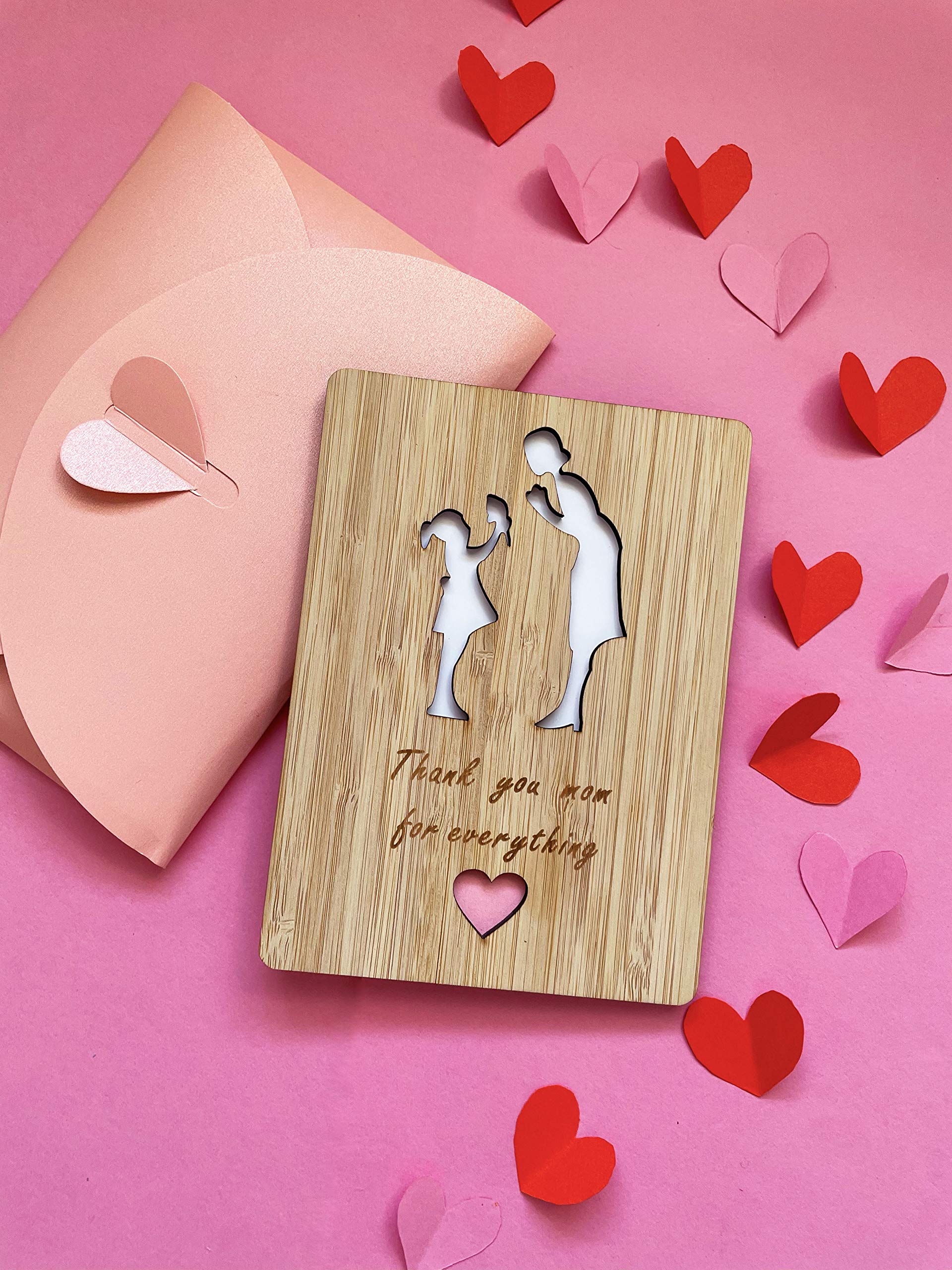 Mother’s Day Sentimental Bamboo Card “Thank You mom for Everything” Wooden Love Card, Unique Gift Envelope Packaging, Wooden Card for Mother's Day, Birthday. from Daughter to Mum, Grandma.