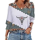 Womens Western Shirts 3/4 Length Sleeve Casual V Neck Western Graphic Cowboy T Shirts for with Smocked Cuffs Western Tops for