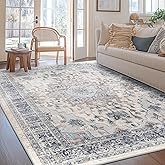 BESTSWEETIE 5x7 Area Rug Washable Rugs for Living Room, No Pile Boho Carpet for Entryway Bedroom Dinning Room, Vintage Carpet Print Distressed Non-Slip, 5 x 7 ft, Beige Blue