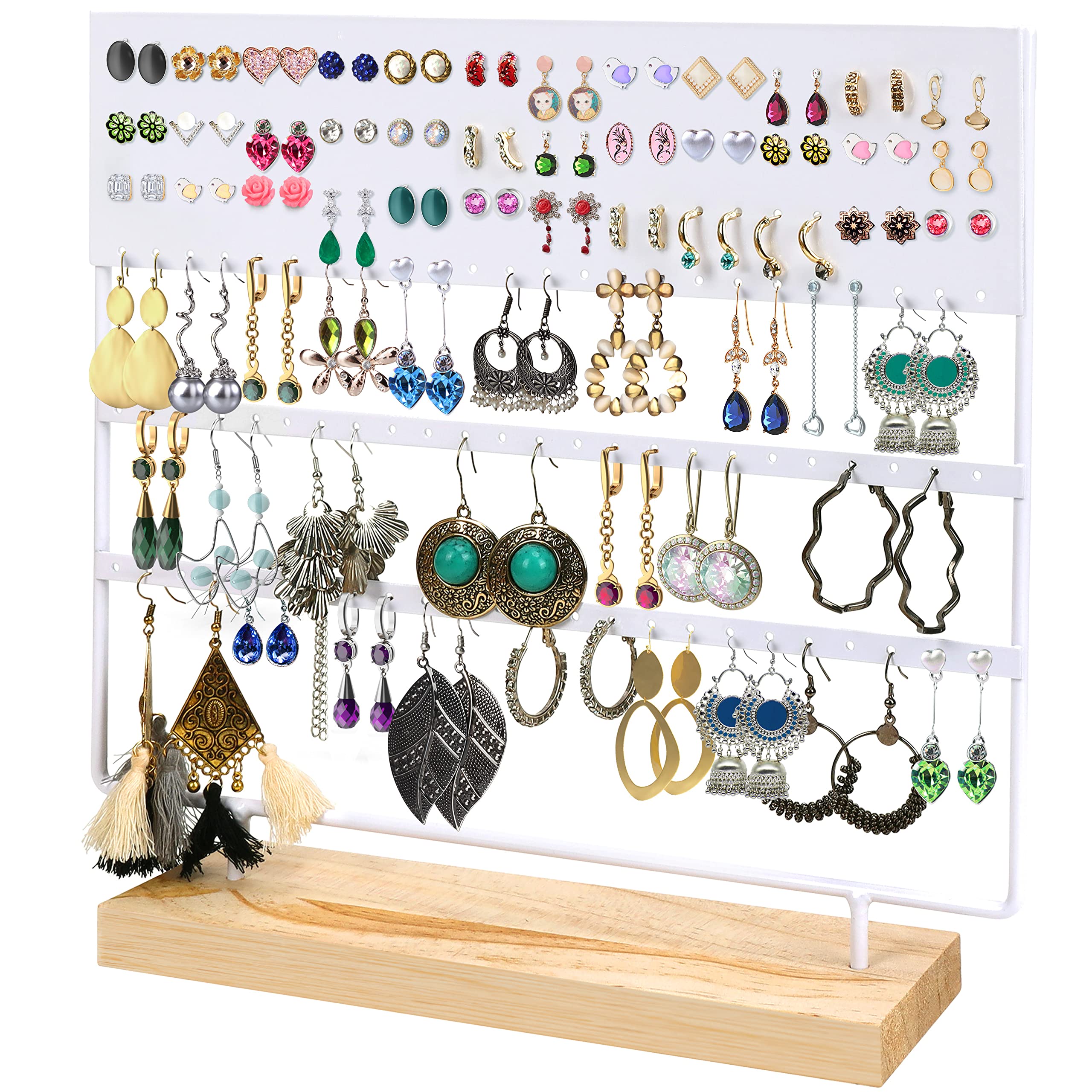 BELLE VOUS White Metal Earring Organiser Jewellery Display Stand with Wood Base - 144 Holes, 3 Layers - Storage For Hanging Earrings, Necklaces & Stud Holder Rack for Women & Girls
