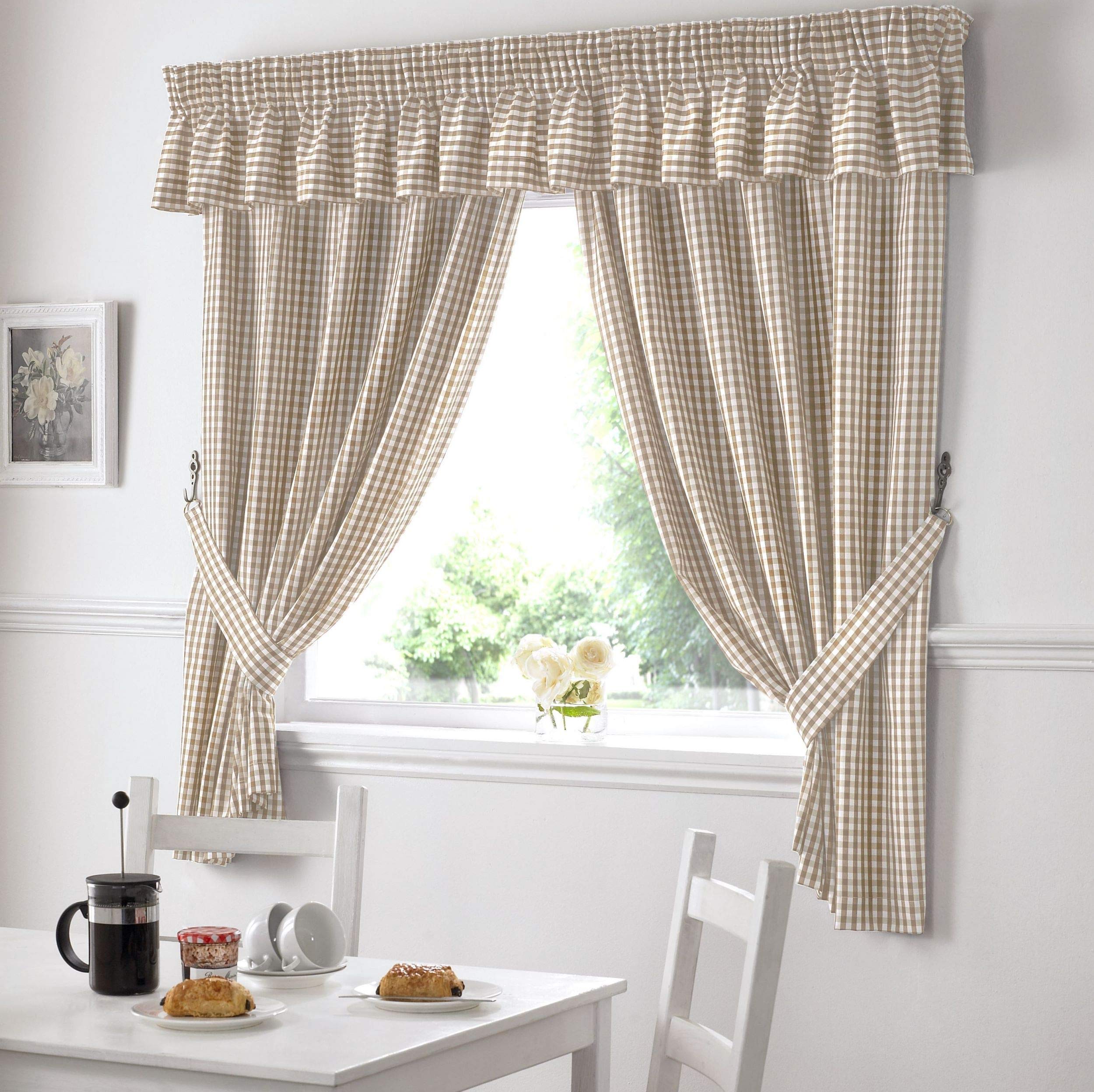 Gingham Check Kitchen Tape Top Curtains - Beige (46" Wide x 42" Drop)