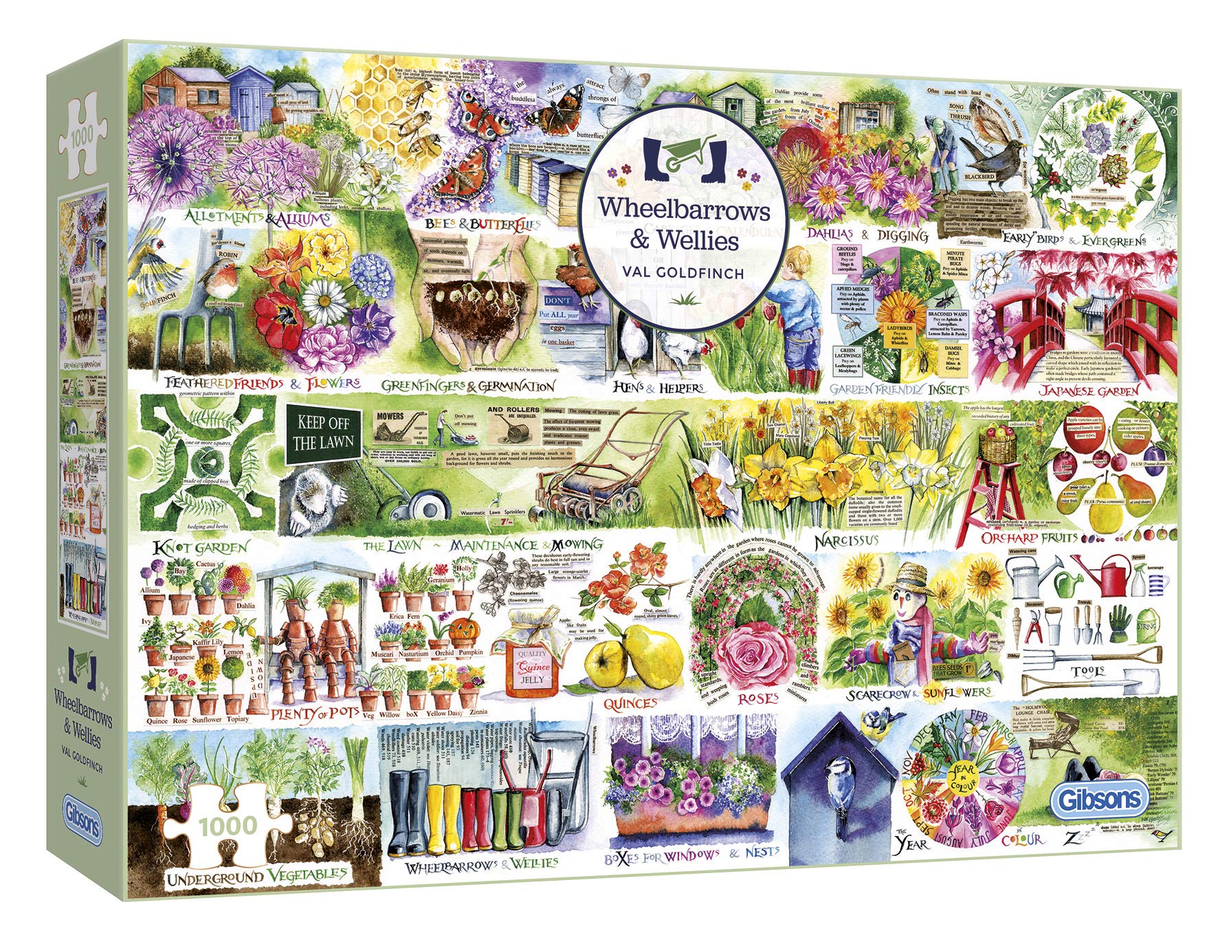 Gibsons Wheelbarrows & Wellies 1000 Piece Jigsaw Puzzle for Adults – Alphabetic Garden Tour by Val Goldfinch – Colourful Gardening Artwork – Premium Sustainable Puzzle Made in the UK/EU